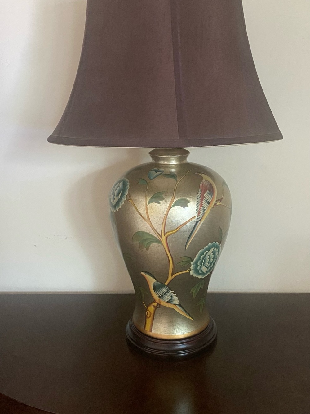 Elegant Gold Floral Bird Table Lamp with Brown Shade